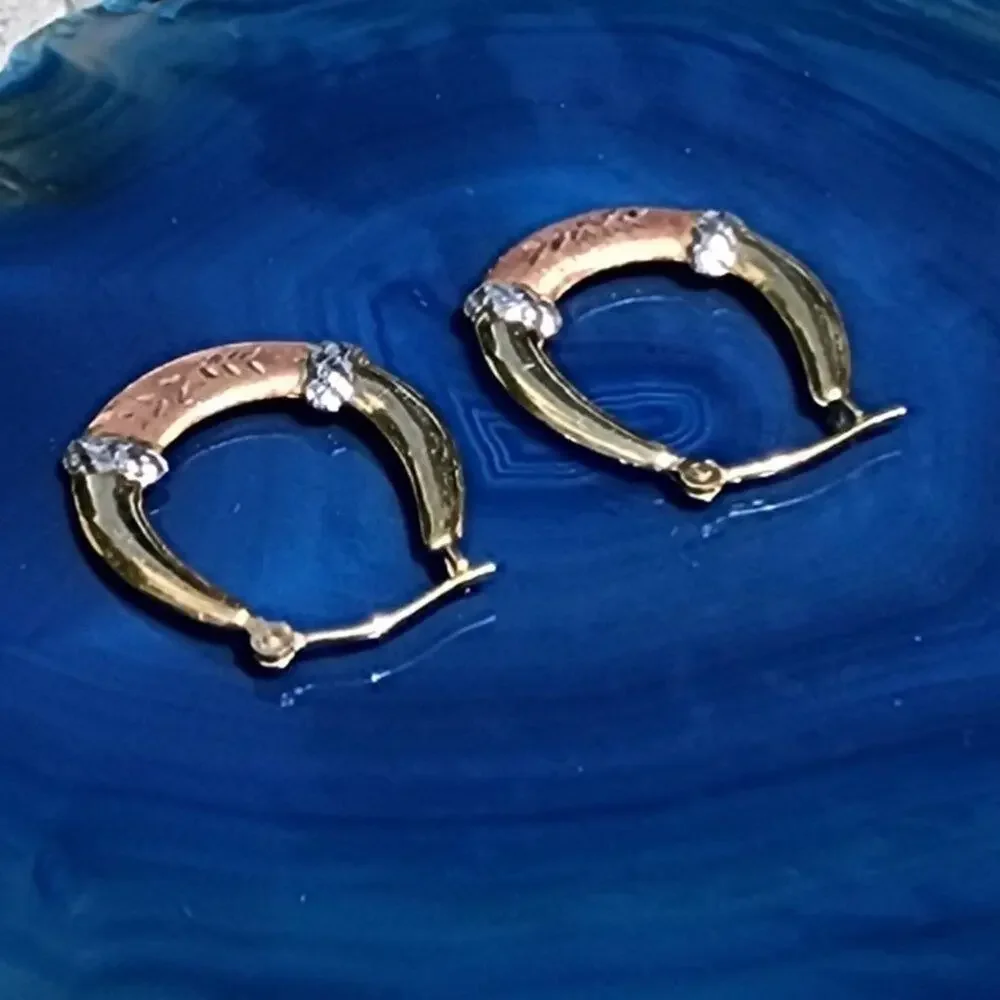 Vintage JCM 14K Fine Tri Tone Gold Diamond Cut Puff Hoop Earrings